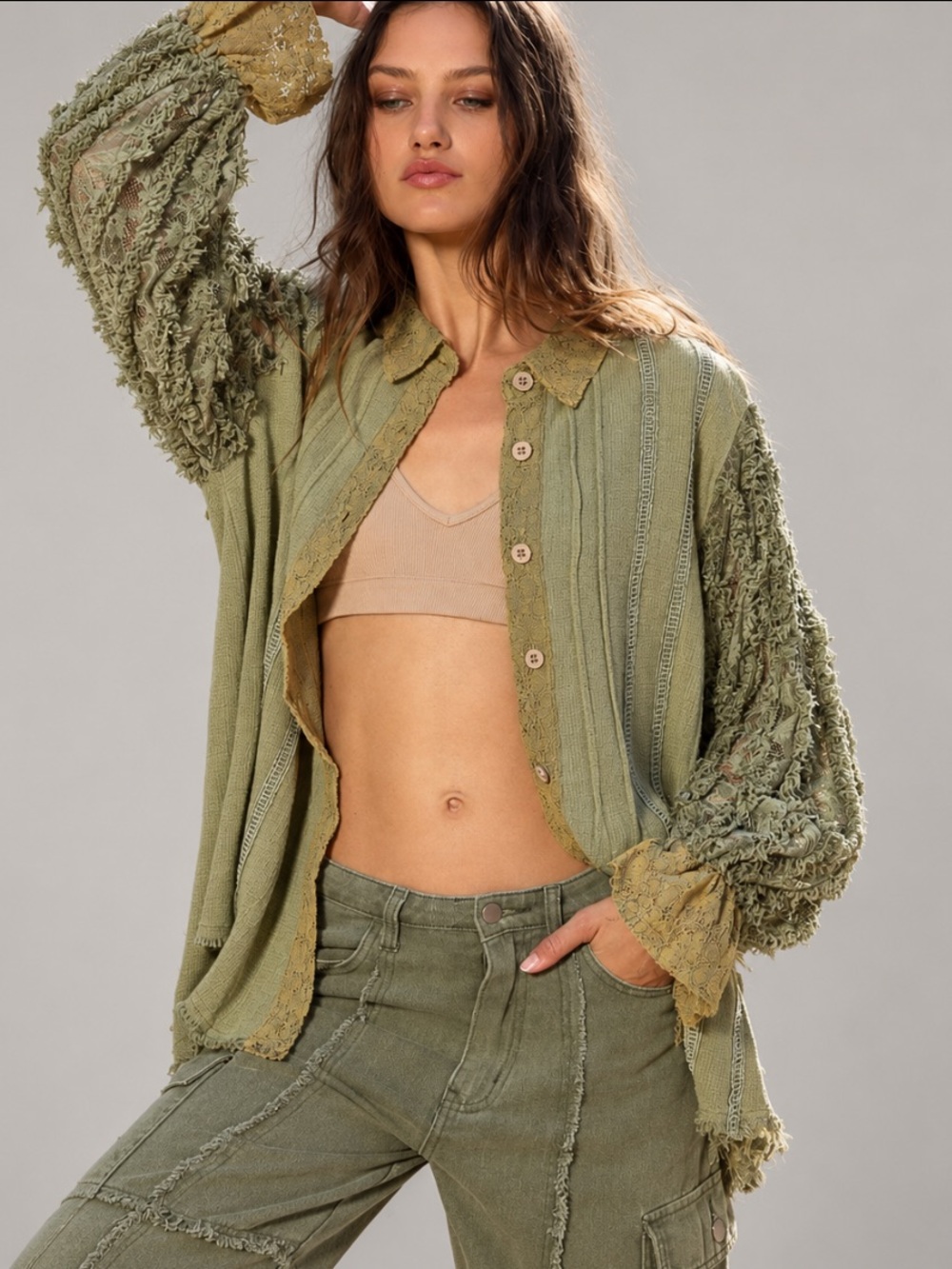 POL Oversized Lace Balloon Sleeve Boho Cotton Linen Shirt Sage Size S